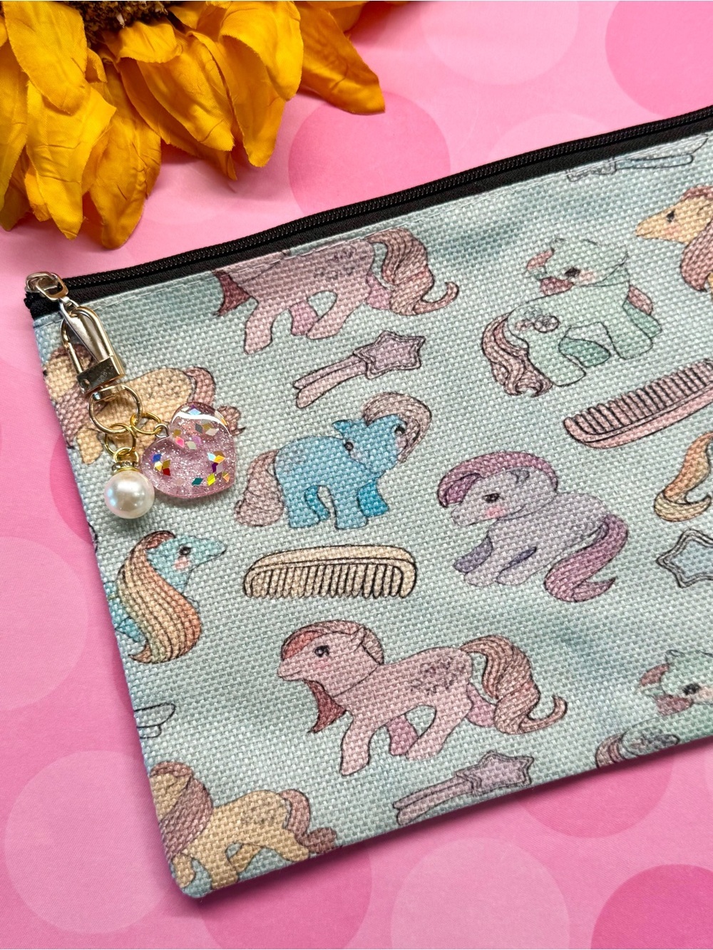 New Retro 80s Style My Little Pony Blue Makeup Tech Pencil Bag w/ Charm - 8.5”
